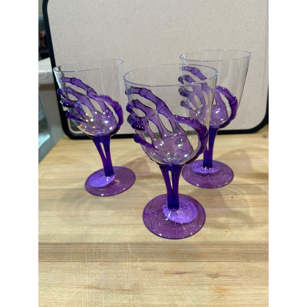 3 Spooky Skeleton Hand Goblet Acrylic Halloween Purple Wine Glasses 11.8 oz